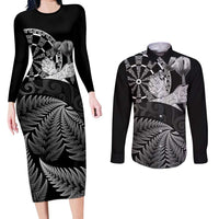 Personalised New Zealand Aotearoa Darts Masters Couples Matching Long Sleeve Bodycon Dress and Long Sleeve Button Shirt Silver Fern and Maori Spirit LT03 Black - Polynesian Pride