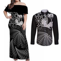 Personalised New Zealand Aotearoa Darts Masters Couples Matching Off Shoulder Maxi Dress and Long Sleeve Button Shirt Silver Fern and Maori Spirit LT03 Black - Polynesian Pride