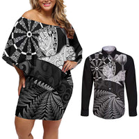 Personalised New Zealand Aotearoa Darts Masters Couples Matching Off Shoulder Short Dress and Long Sleeve Button Shirt Silver Fern and Maori Spirit LT03 Black - Polynesian Pride