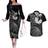 Personalised New Zealand Aotearoa Darts Masters Couples Matching Off The Shoulder Long Sleeve Dress and Hawaiian Shirt Silver Fern and Maori Spirit LT03 Black - Polynesian Pride