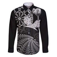 Personalised New Zealand Aotearoa Darts Masters Family Matching Long Sleeve Bodycon Dress and Hawaiian Shirt Silver Fern and Maori Spirit LT03 Dad's Shirt - Long Sleeve Black - Polynesian Pride