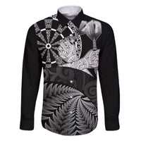 Personalised New Zealand Aotearoa Darts Masters Family Matching Off The Shoulder Long Sleeve Dress and Hawaiian Shirt Silver Fern and Maori Spirit LT03 Dad's Shirt - Long Sleeve Black - Polynesian Pride