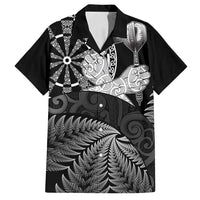 Personalised New Zealand Aotearoa Darts Masters Family Matching Off Shoulder Short Dress and Hawaiian Shirt Silver Fern and Maori Spirit LT03 Dad's Shirt - Short Sleeve Black - Polynesian Pride
