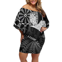 Personalised New Zealand Aotearoa Darts Masters Family Matching Off Shoulder Short Dress and Hawaiian Shirt Silver Fern and Maori Spirit LT03 Mom's Dress Black - Polynesian Pride