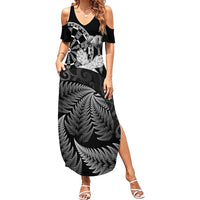 Personalised New Zealand Aotearoa Darts Masters Family Matching Summer Maxi Dress and Hawaiian Shirt Silver Fern and Maori Spirit LT03 Mom's Dress Black - Polynesian Pride