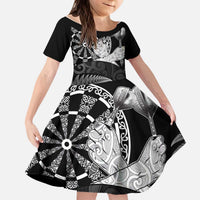 Personalised New Zealand Aotearoa Darts Masters Kid Short Sleeve Dress Silver Fern and Maori Spirit LT03 KID Black - Polynesian Pride