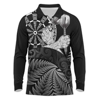 Personalised New Zealand Aotearoa Darts Masters Long Sleeve Polo Shirt Silver Fern and Maori Spirit LT03 Black - Polynesian Pride