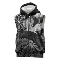Personalised New Zealand Aotearoa Darts Masters Sleeveless Zip Hoodie Silver Fern and Maori Spirit LT03 Black - Polynesian Pride