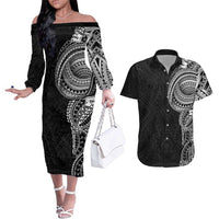 Traditional Polynesian Art Tattoos Couples Matching Off The Shoulder Long Sleeve Dress and Hawaiian Shirt Black Color - Polynesian Pride