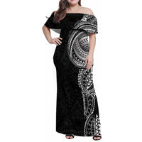 Traditional Polynesian Art Tattoos Family Matching Off Shoulder Maxi Dress and Hawaiian Shirt Black Color LT03 Mom's Dress Black - Polynesian Pride