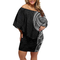 Traditional Polynesian Art Tattoos Family Matching Off Shoulder Short Dress and Hawaiian Shirt Black Color LT03 Mom's Dress Black - Polynesian Pride