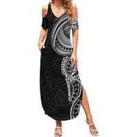 Traditional Polynesian Art Tattoos Family Matching Summer Maxi Dress and Hawaiian Shirt Black Color LT03 Mom's Dress Black - Polynesian Pride