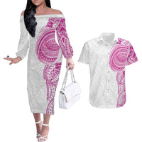 Traditional Polynesian Art Tattoos Couples Matching Off The Shoulder Long Sleeve Dress and Hawaiian Shirt Pink Color LT03 Pink - Polynesian Pride