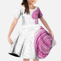 Traditional Polynesian Art Tattoos Family Matching Off The Shoulder Long Sleeve Dress and Hawaiian Shirt Pink Color LT03 Daughter's Dress Pink - Polynesian Pride