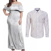 Lotu Tamaiti Couples Matching Off Shoulder Maxi Dress and Long Sleeve Button Shirt Traditional Samoan Art Tattoos - Polynesian Pride