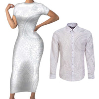 Lotu Tamaiti Couples Matching Short Sleeve Bodycon Dress and Long Sleeve Button Shirt Traditional Samoan Art Tattoos LT03 White - Polynesian Pride