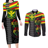 Kanaka Maoli Running Couples Matching Long Sleeve Bodycon Dress and Long Sleeve Button Shirt Kakau Pattern with Kanaka Maoli Flag Color LT03 Black - Polynesian Pride