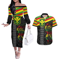 Kanaka Maoli Running Couples Matching Off The Shoulder Long Sleeve Dress and Hawaiian Shirt Kakau Pattern with Kanaka Maoli Flag Color LT03 Black - Polynesian Pride
