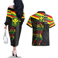 Kanaka Maoli Running Couples Matching Off The Shoulder Long Sleeve Dress and Hawaiian Shirt Kakau Pattern with Kanaka Maoli Flag Color LT03 - Polynesian Pride