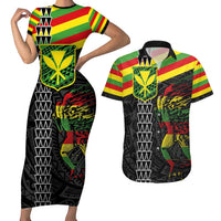 Kanaka Maoli Running Couples Matching Short Sleeve Bodycon Dress and Hawaiian Shirt Kakau Pattern with Kanaka Maoli Flag Color LT03 Black - Polynesian Pride