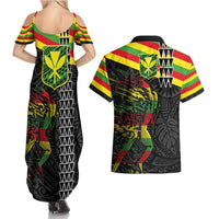 Kanaka Maoli Running Couples Matching Summer Maxi Dress and Hawaiian Shirt Kakau Pattern with Kanaka Maoli Flag Color LT03 - Polynesian Pride