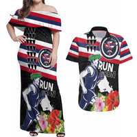 Honolulu Running Race Couples Matching Off Shoulder Maxi Dress and Hawaiian Shirt Hawaii Marathon Kakau Art with Hibiscus and National Flag Style LT03 Blue and White - Polynesian Pride