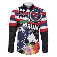 Honolulu Running Race Family Matching Long Sleeve Bodycon Dress and Hawaiian Shirt Hawaii Marathon Kakau Art with Hibiscus and National Flag Style LT03 Dad's Shirt - Long Sleeve Blue and White - Polynesian Pride