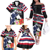 Honolulu Running Race Family Matching Off The Shoulder Long Sleeve Dress and Hawaiian Shirt Hawaii Marathon Kakau Art with Hibiscus and National Flag Style LT03 - Polynesian Pride