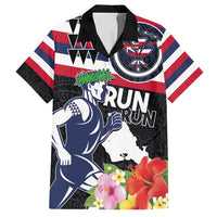 Honolulu Running Race Family Matching Puletasi and Hawaiian Shirt Hawaii Marathon Kakau Art with Hibiscus and National Flag Style LT03 Dad's Shirt - Short Sleeve Blue and White - Polynesian Pride