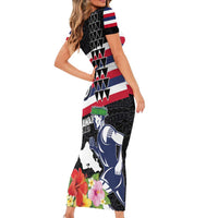 Honolulu Running Race Short Sleeve Bodycon Dress Hawaii Marathon Kakau Art with Hibiscus and National Flag Style LT03 - Polynesian Pride