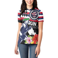 Honolulu Running Race Women Polo Shirt Hawaii Marathon Kakau Art with Hibiscus and National Flag Style LT03 - Polynesian Pride