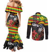 Kanaka Maoli Ikaika Warrior Couples Matching Mermaid Dress and Long Sleeve Button Shirt Hibiscus Kakau Art and Tapa Tribal Pattern LT03 - Polynesian Pride
