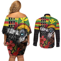 Kanaka Maoli Ikaika Warrior Couples Matching Off Shoulder Short Dress and Long Sleeve Button Shirt Hibiscus Kakau Art and Tapa Tribal Pattern LT03 - Polynesian Pride