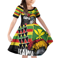 Kanaka Maoli Ikaika Warrior Family Matching Off Shoulder Short Dress and Hawaiian Shirt Hibiscus Kakau Art and Tapa Tribal Pattern LT03 Daughter's Dress Black - Polynesian Pride