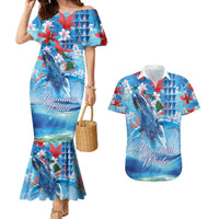 Hawaiian Waves Whale Couples Matching Mermaid Dress and Hawaiian Shirt Kakau Art and Tropical Red Hibiscus Flowers LT03 Blue - Polynesian Pride