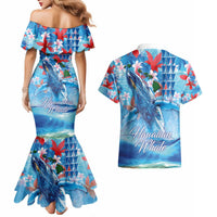 Hawaiian Waves Whale Couples Matching Mermaid Dress and Hawaiian Shirt Kakau Art and Tropical Red Hibiscus Flowers LT03 - Polynesian Pride