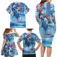 Hawaiian Waves Whale Family Matching Long Sleeve Bodycon Dress and Hawaiian Shirt Kakau Art and Tropical Red Hibiscus Flowers