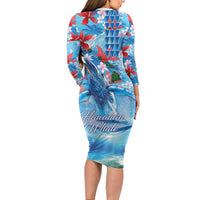 Hawaiian Waves Whale Family Matching Long Sleeve Bodycon Dress and Hawaiian Shirt Kakau Art and Tropical Red Hibiscus Flowers