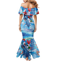 Hawaiian Waves Whale Family Matching Mermaid Dress and Hawaiian Shirt Kakau Art and Tropical Red Hibiscus Flowers