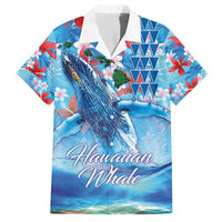 Hawaiian Waves Whale Family Matching Off The Shoulder Long Sleeve Dress and Hawaiian Shirt Kakau Art and Tropical Red Hibiscus Flowers LT03 Dad's Shirt - Short Sleeve Blue - Polynesian Pride