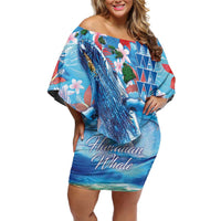 Hawaiian Waves Whale Family Matching Off Shoulder Short Dress and Hawaiian Shirt Kakau Art and Tropical Red Hibiscus Flowers LT03 Mom's Dress Blue - Polynesian Pride