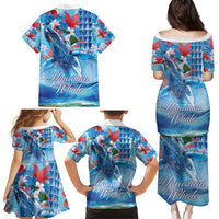 Hawaiian Waves Whale Family Matching Puletasi and Hawaiian Shirt Kakau Art and Tropical Red Hibiscus Flowers LT03 - Polynesian Pride