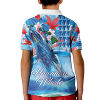 Hawaiian Waves Whale Kid Polo Shirt Kakau Art and Tropical Red Hibiscus Flowers