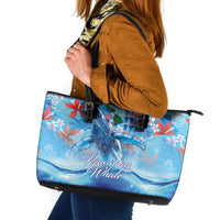 Hawaiian Waves Whale Leather Tote Bag Kakau Art and Tropical Red Hibiscus Flowers LT03 Blue - Polynesian Pride