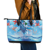 Hawaiian Waves Whale Leather Tote Bag Kakau Art and Tropical Red Hibiscus Flowers LT03 - Polynesian Pride