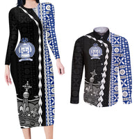 Fiji Queen Victoria School Couples Matching Long Sleeve Bodycon Dress and Long Sleeve Button Shirt Tapa and Polynesian Tribal Pattern Half Style LT03 Black - Polynesian Pride