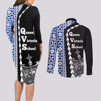Fiji Queen Victoria School Couples Matching Long Sleeve Bodycon Dress and Long Sleeve Button Shirt Tapa and Polynesian Tribal Pattern Half Style LT03 - Polynesian Pride