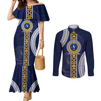 Fiji Ratu Kadavulevu School Couples Matching Mermaid Dress and Long Sleeve Button Shirt Tapa and Polynesian Tribal Pattern LT03 Blue - Polynesian Pride