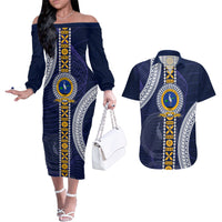 Fiji Ratu Kadavulevu School Couples Matching Off The Shoulder Long Sleeve Dress and Hawaiian Shirt Tapa and Polynesian Tribal Pattern LT03 Blue - Polynesian Pride