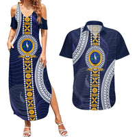 Fiji Ratu Kadavulevu School Couples Matching Summer Maxi Dress and Hawaiian Shirt Tapa and Polynesian Tribal Pattern LT03 Blue - Polynesian Pride